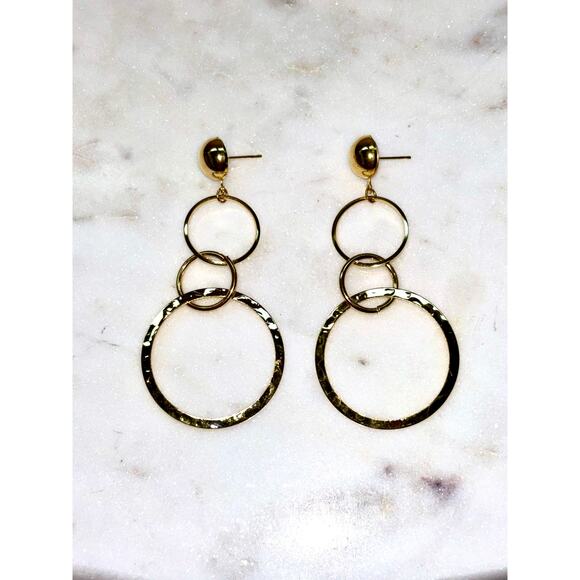 Elegant Gold Tone Hammered Triple Hoop Dangle Earrings - Picture 4 of 5